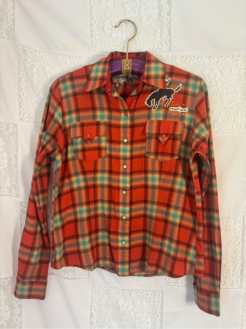 Orange Plaid Beaded Embellished Cowgirl Western Pearl Snap Button Up Size S - Picture 2 of 14